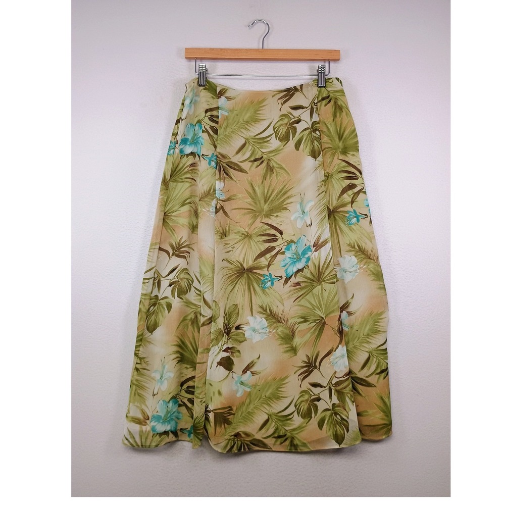 Tropical Beach‎ Boho Flowy Womens Size 10 Green Floral Chiffon Maxi Skirt